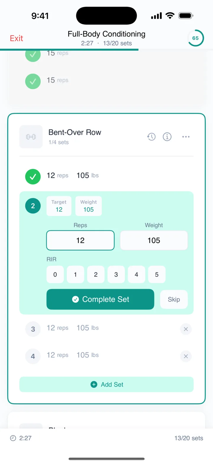 blueprintTRAIN app logging a set in a live workout