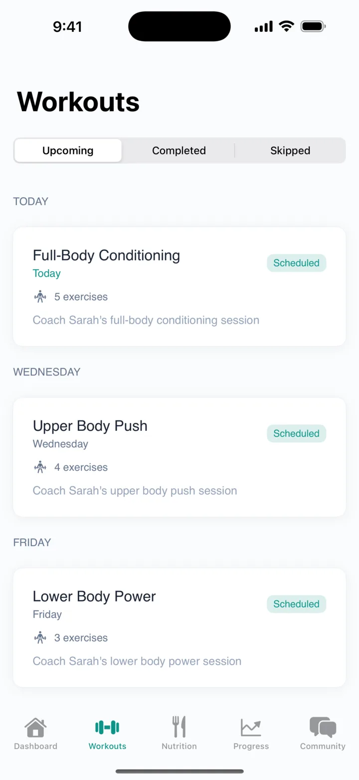 Client app workouts list showing upcoming sessions assigned by the coach